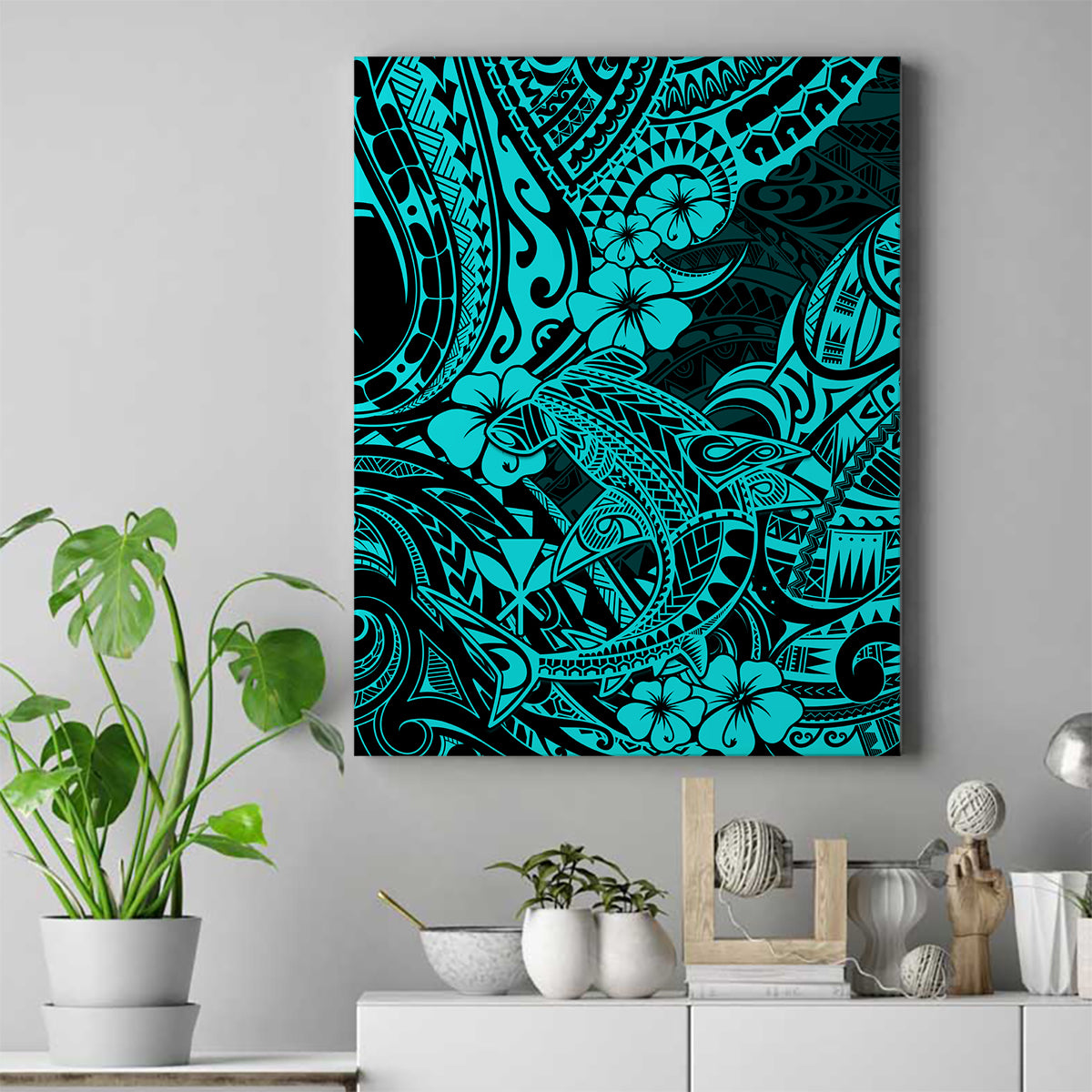 Hawaii Shark Canvas Wall Art Polynesian Pattern Turquoise Version LT01 Turquoise - Polynesian Pride