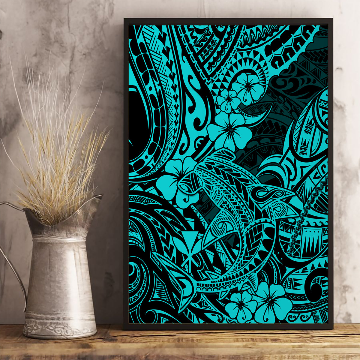 Hawaii Shark Canvas Wall Art Polynesian Pattern Turquoise Version LT01 - Polynesian Pride