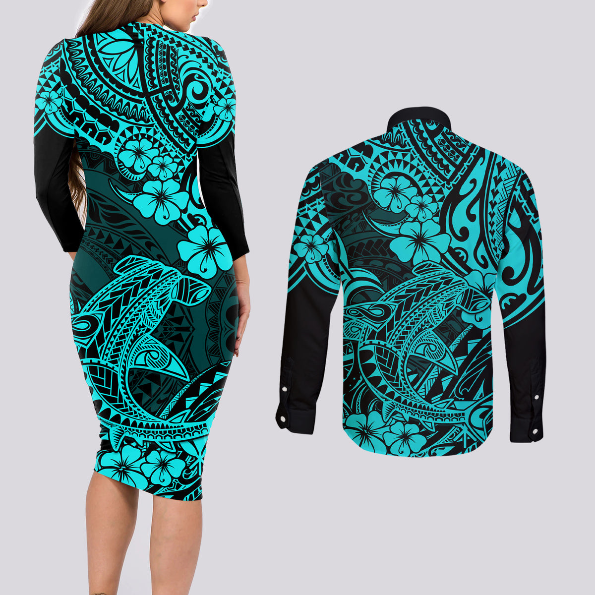 Hawaii Shark Couples Matching Long Sleeve Bodycon Dress and Long Sleeve Button Shirts Polynesian Pattern Turquoise Version LT01 - Polynesian Pride