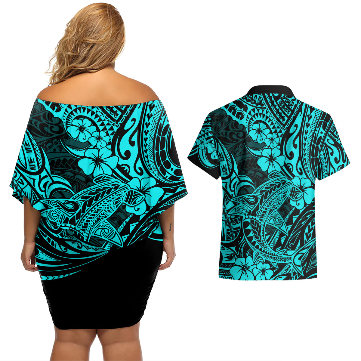 Hawaii Shark Couples Matching Off Shoulder Short Dress and Hawaiian Shirt Polynesian Pattern Turquoise Version LT01 - Polynesian Pride
