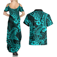 Hawaii Shark Couples Matching Summer Maxi Dress and Hawaiian Shirt Polynesian Pattern Turquoise Version LT01 - Polynesian Pride