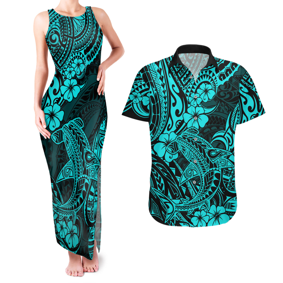 Hawaii Shark Couples Matching Tank Maxi Dress and Hawaiian Shirt Polynesian Pattern Turquoise Version LT01 Turquoise - Polynesian Pride