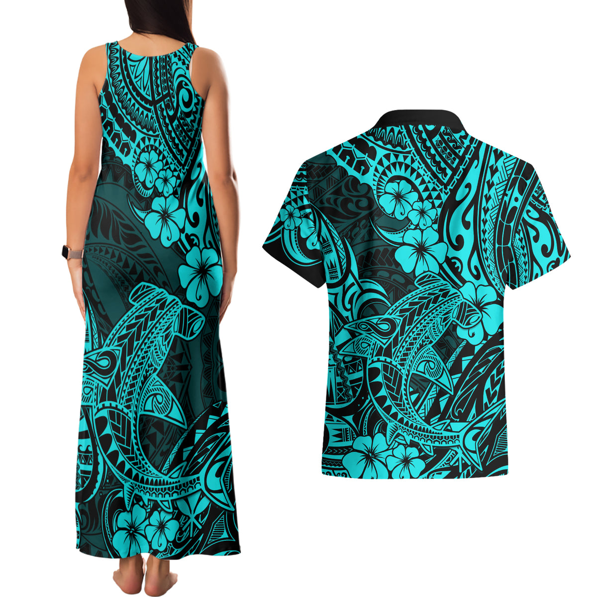 Hawaii Shark Couples Matching Tank Maxi Dress and Hawaiian Shirt Polynesian Pattern Turquoise Version LT01 - Polynesian Pride