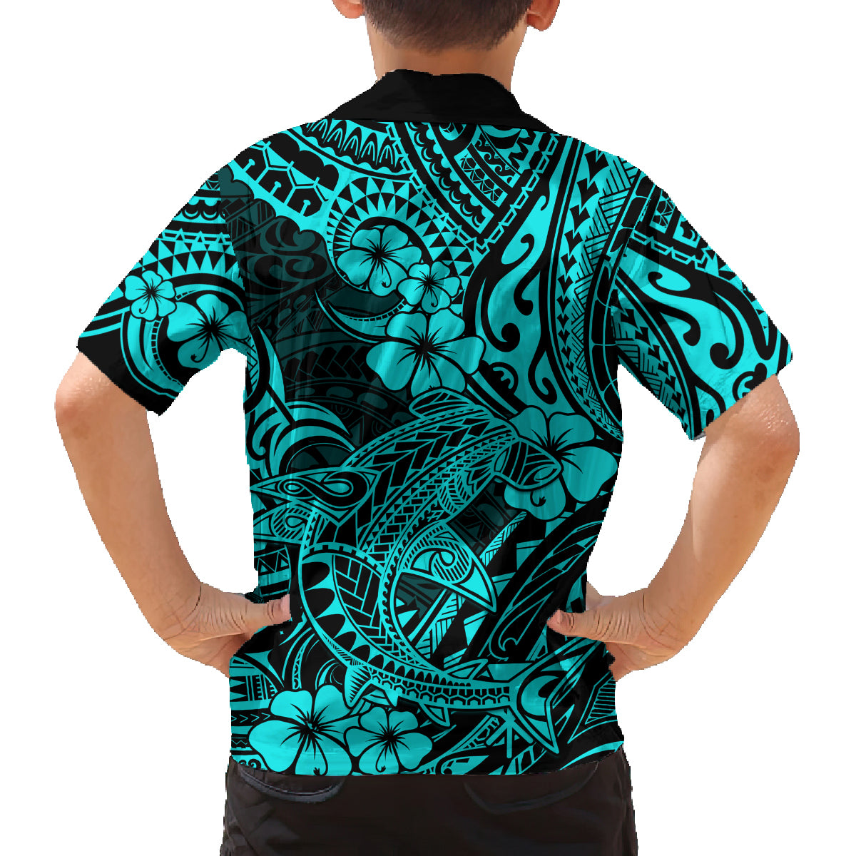 Hawaii Shark Family Matching Long Sleeve Bodycon Dress and Hawaiian Shirt Polynesian Pattern Turquoise Version LT01 - Polynesian Pride