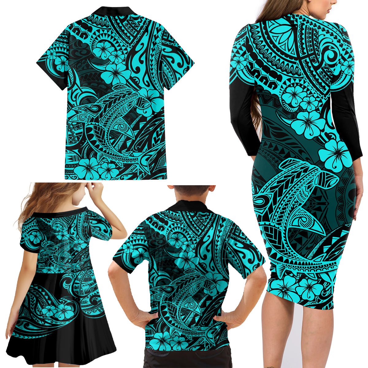 Hawaii Shark Family Matching Long Sleeve Bodycon Dress and Hawaiian Shirt Polynesian Pattern Turquoise Version LT01 - Polynesian Pride