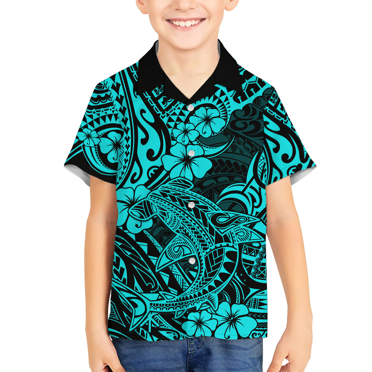 Hawaii Shark Family Matching Short Sleeve Bodycon Dress and Hawaiian Shirt Polynesian Pattern Turquoise Version LT01 Son's Shirt Turquoise - Polynesian Pride