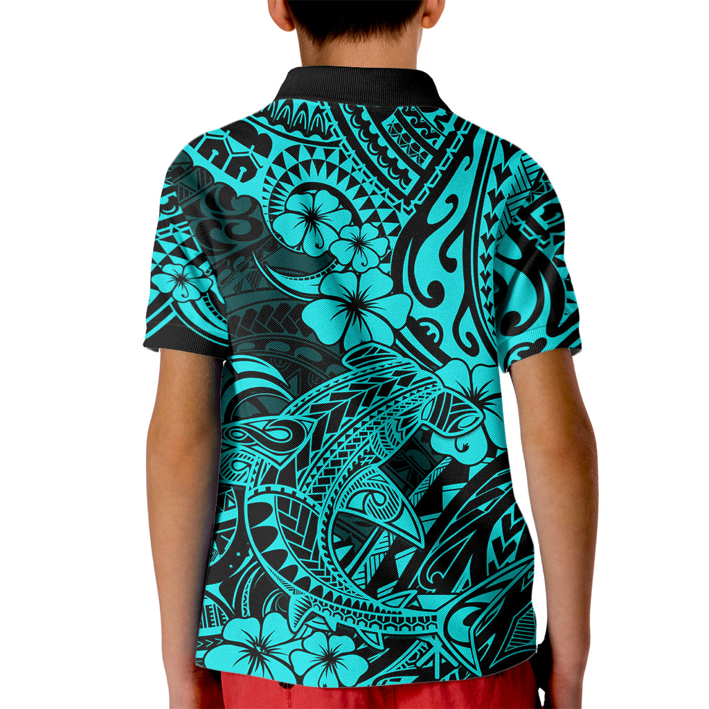 Hawaii Shark Kid Polo Shirt Polynesian Pattern Turquoise Version LT01 - Polynesian Pride