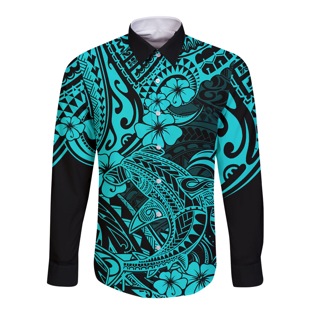 Hawaii Shark Long Sleeve Button Shirt Polynesian Pattern Turquoise Version LT01 Unisex Turquoise - Polynesian Pride