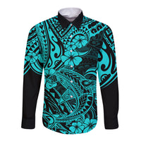 Hawaii Shark Long Sleeve Button Shirt Polynesian Pattern Turquoise Version LT01 Unisex Turquoise - Polynesian Pride