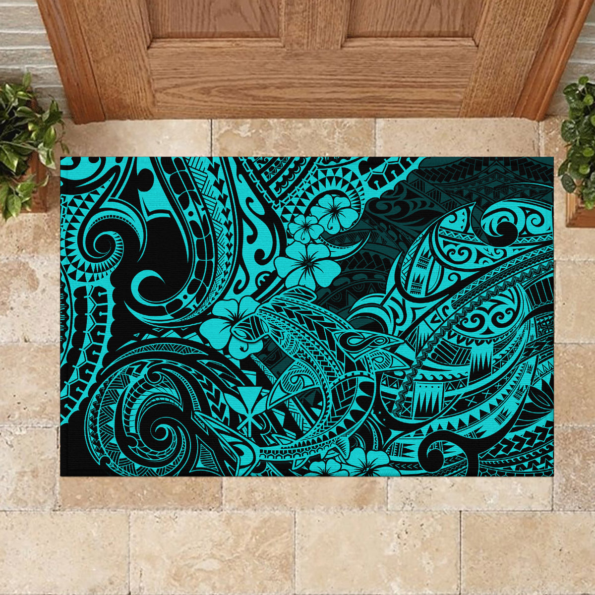 Hawaii Shark Rubber Doormat Polynesian Pattern Turquoise Version LT01 - Polynesian Pride
