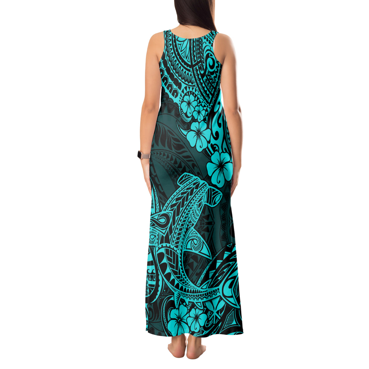 Hawaii Shark Tank Maxi Dress Polynesian Pattern Turquoise Version LT01 - Polynesian Pride
