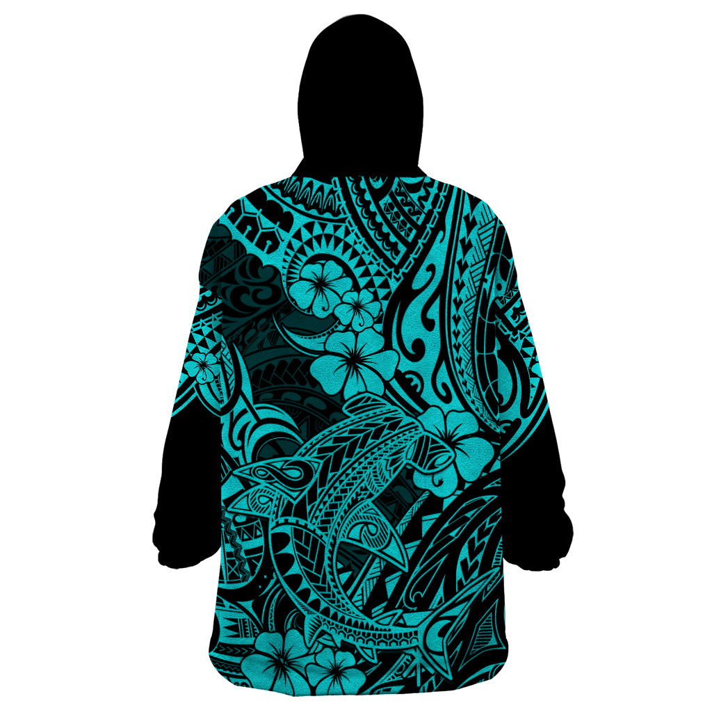 Hawaii Shark Wearable Blanket Hoodie Polynesian Pattern Turquoise Version LT01 - Polynesian Pride