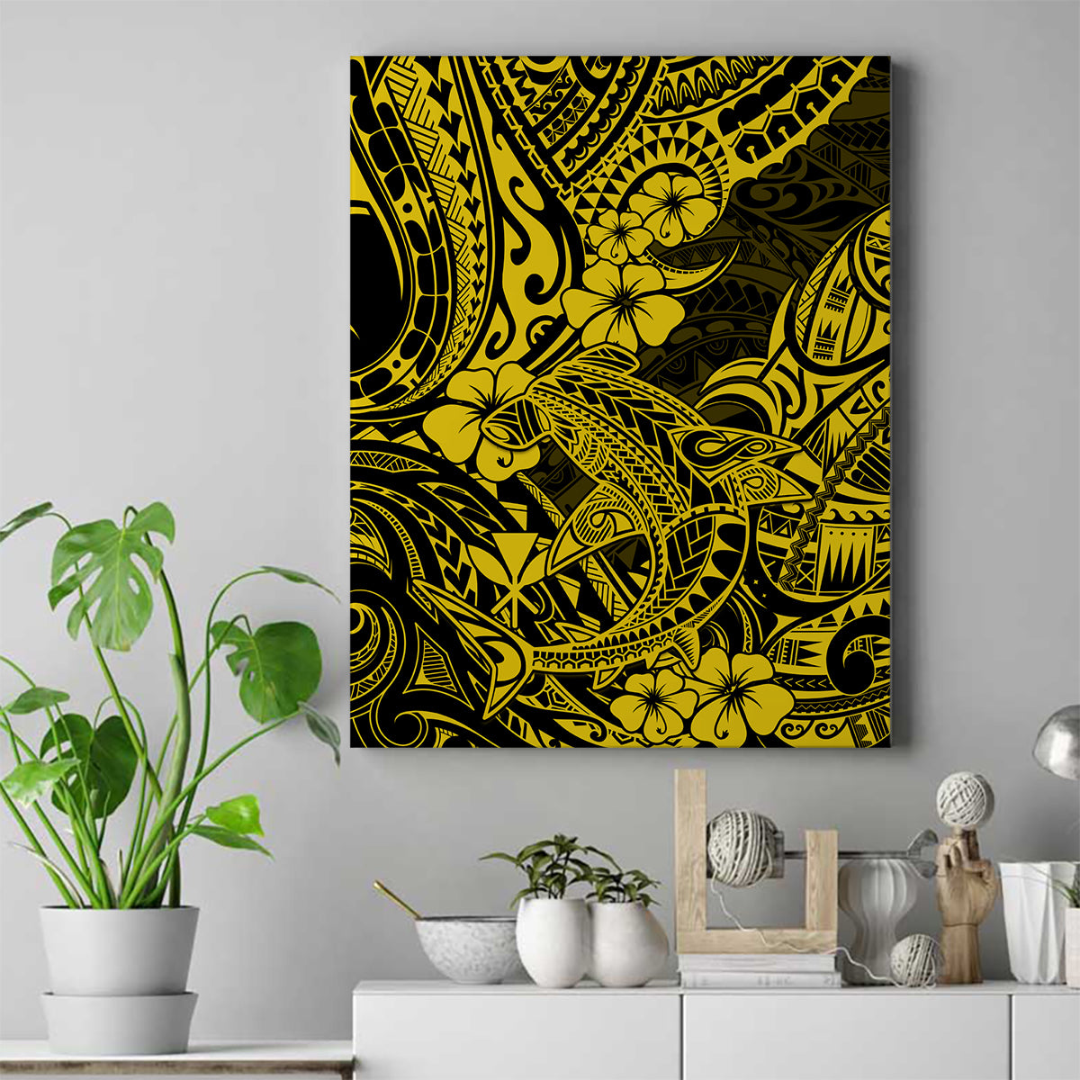 Hawaii Shark Canvas Wall Art Polynesian Pattern Yellow Version LT01 Yellow - Polynesian Pride
