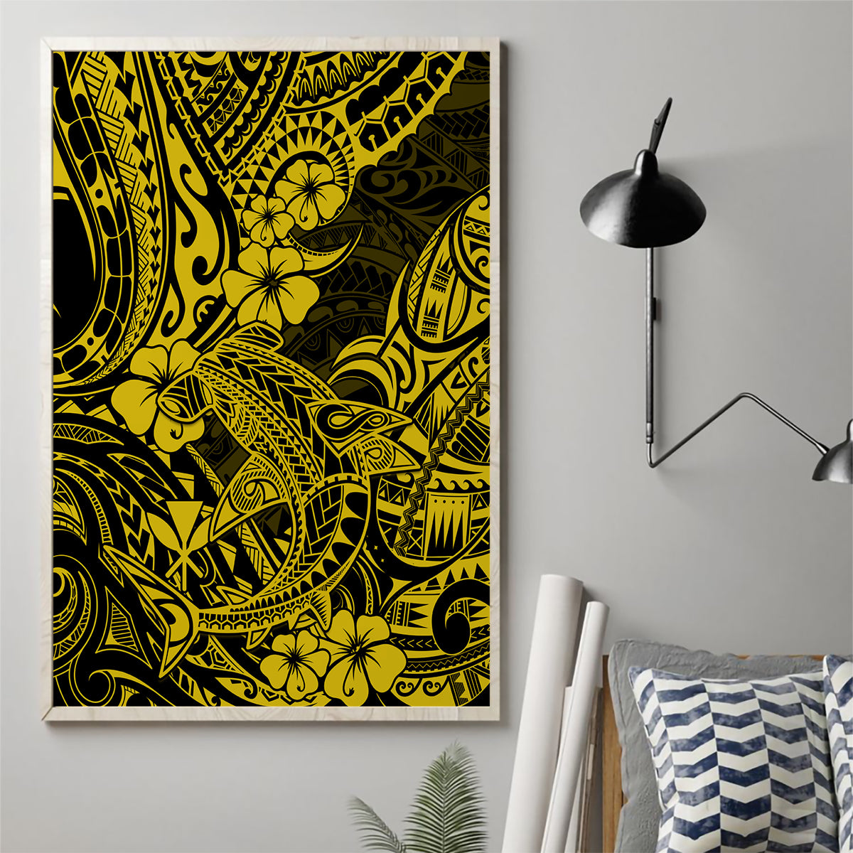 Hawaii Shark Canvas Wall Art Polynesian Pattern Yellow Version LT01 - Polynesian Pride