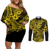 Hawaii Shark Couples Matching Off Shoulder Short Dress and Long Sleeve Button Shirts Polynesian Pattern Yellow Version LT01 Yellow - Polynesian Pride