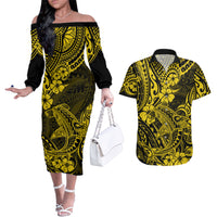 Hawaii Shark Couples Matching Off The Shoulder Long Sleeve Dress and Hawaiian Shirt Polynesian Pattern Yellow Version LT01 Yellow - Polynesian Pride