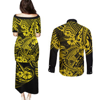 Hawaii Shark Couples Matching Puletasi Dress and Long Sleeve Button Shirts Polynesian Pattern Yellow Version LT01 - Polynesian Pride