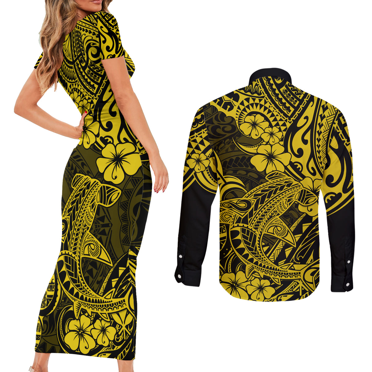 Hawaii Shark Couples Matching Short Sleeve Bodycon Dress and Long Sleeve Button Shirts Polynesian Pattern Yellow Version LT01 - Polynesian Pride