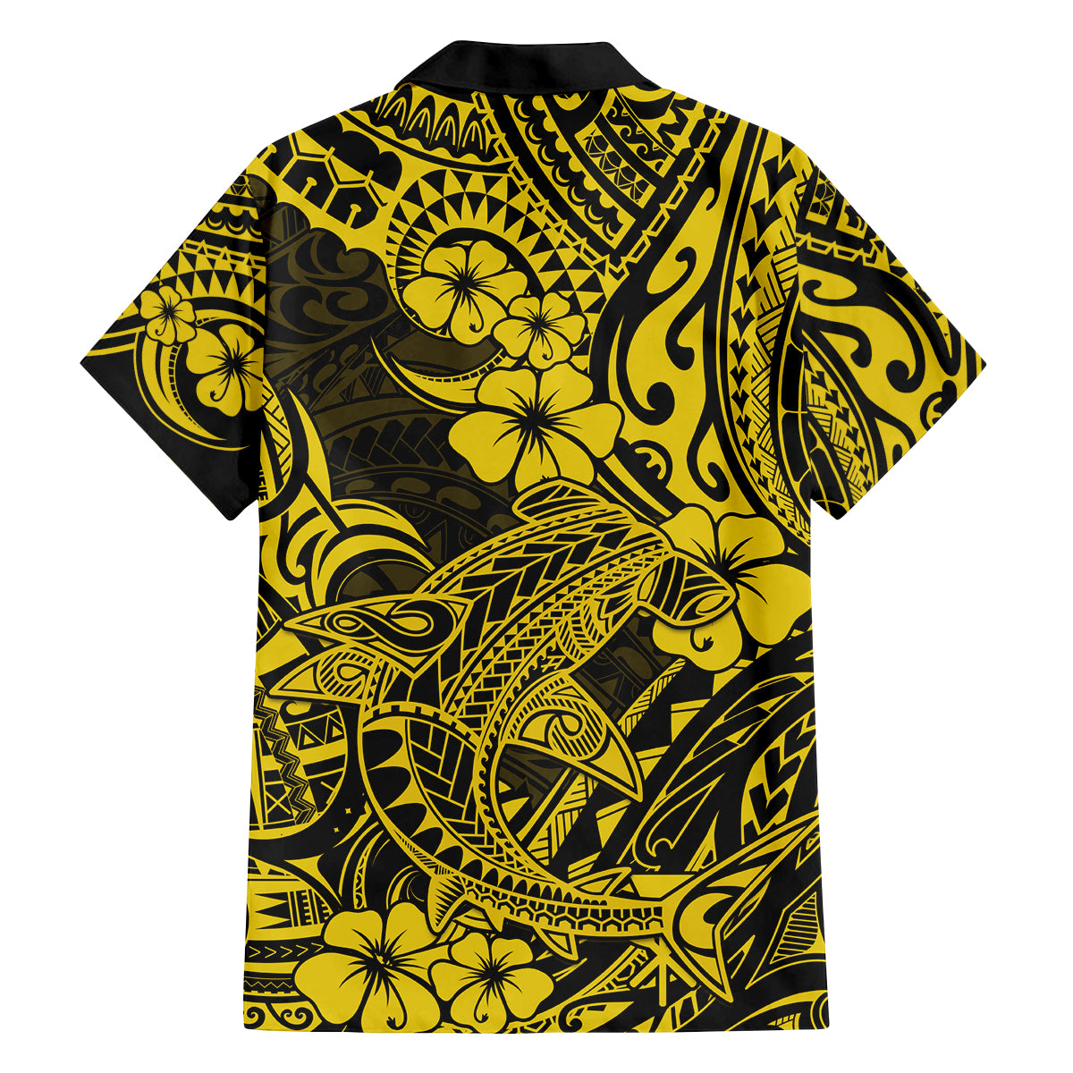 Hawaii Shark Family Matching Off Shoulder Short Dress and Hawaiian Shirt Polynesian Pattern Yellow Version LT01 - Polynesian Pride