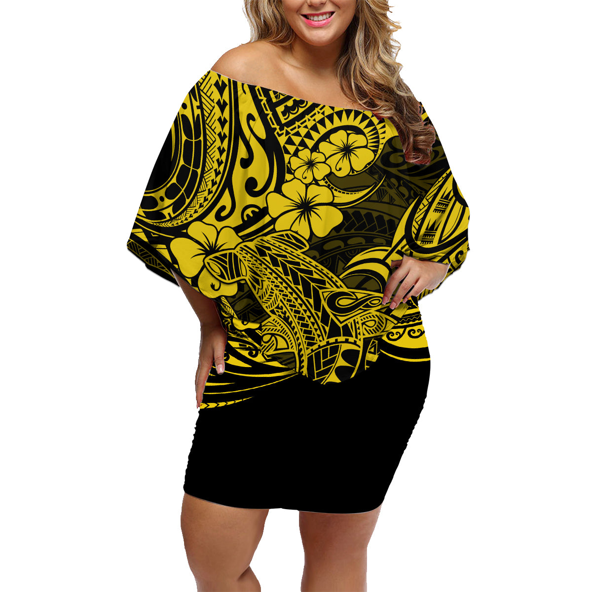 Hawaii Shark Family Matching Off Shoulder Short Dress and Hawaiian Shirt Polynesian Pattern Yellow Version LT01 Mom's Dress Yellow - Polynesian Pride