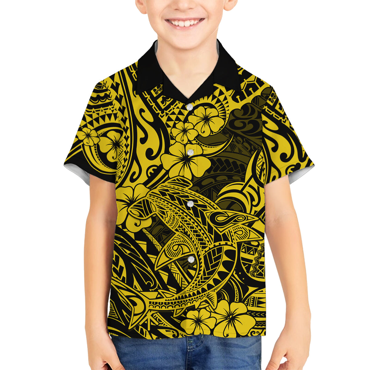 Hawaii Shark Family Matching Summer Maxi Dress and Hawaiian Shirt Polynesian Pattern Yellow Version LT01 Son's Shirt Yellow - Polynesian Pride