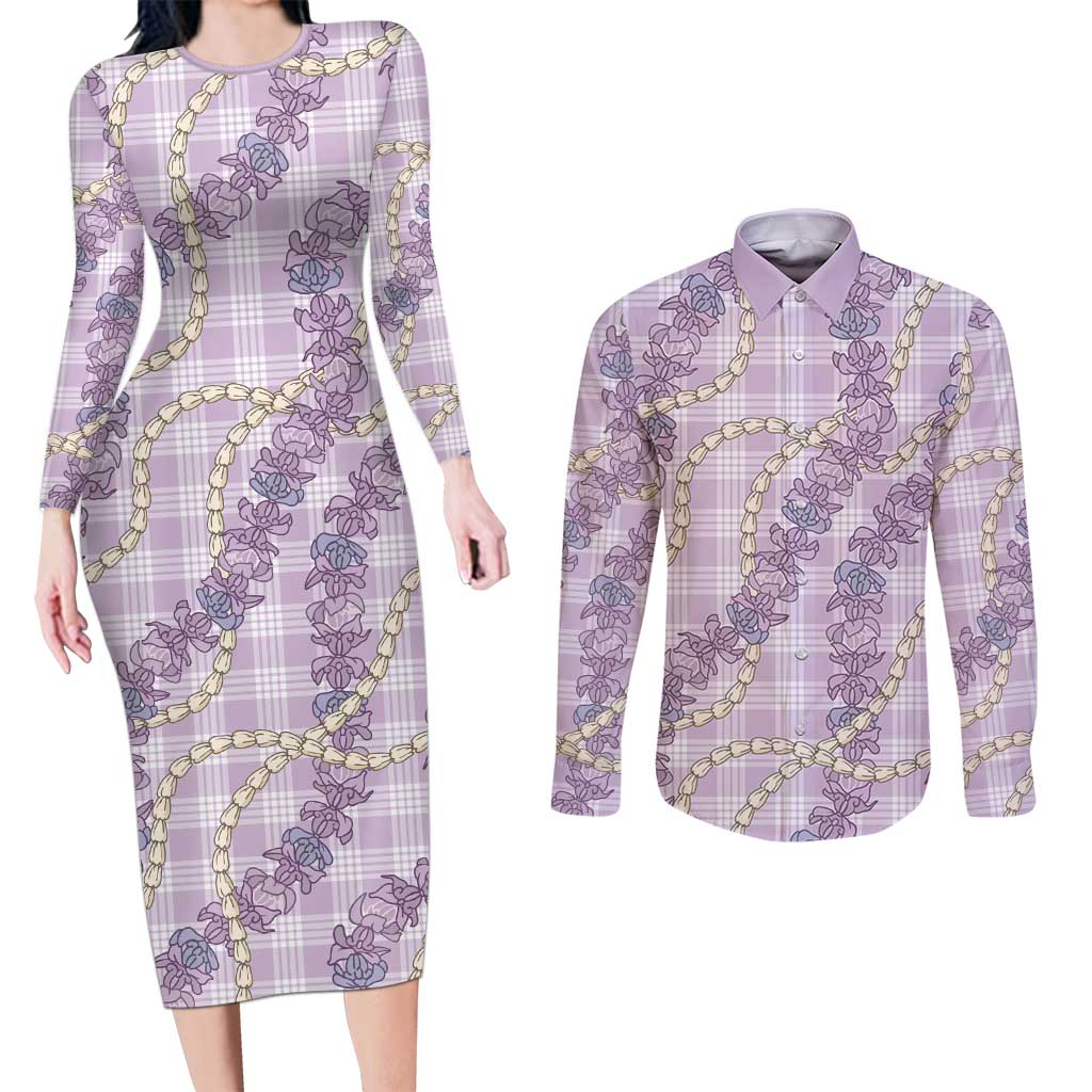 Pua Kalaunu Lei Couples Matching Long Sleeve Bodycon Dress and Long Sleeve Button Shirt Palaka Pattern LT01 Purple - Polynesian Pride