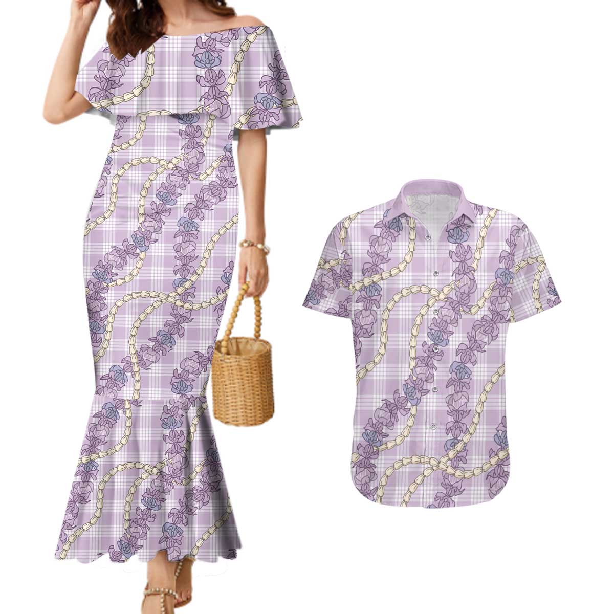 Pua Kalaunu Lei Couples Matching Mermaid Dress and Hawaiian Shirt Palaka Pattern LT01 Purple - Polynesian Pride
