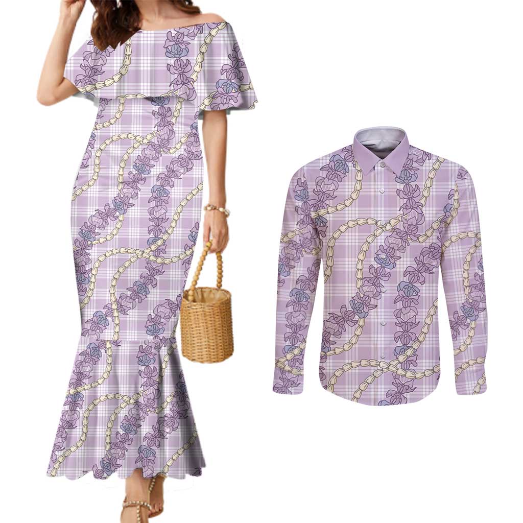 Pua Kalaunu Lei Couples Matching Mermaid Dress and Long Sleeve Button Shirt Palaka Pattern LT01 Purple - Polynesian Pride