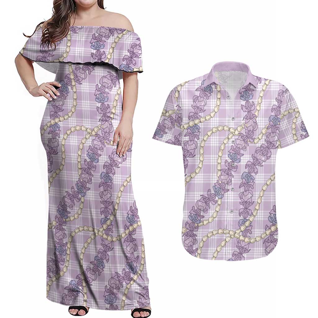 Pua Kalaunu Lei Couples Matching Off Shoulder Maxi Dress and Hawaiian Shirt Palaka Pattern LT01 Purple - Polynesian Pride