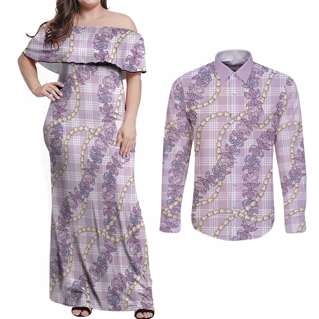 Pua Kalaunu Lei Couples Matching Off Shoulder Maxi Dress and Long Sleeve Button Shirt Palaka Pattern LT01 Purple - Polynesian Pride