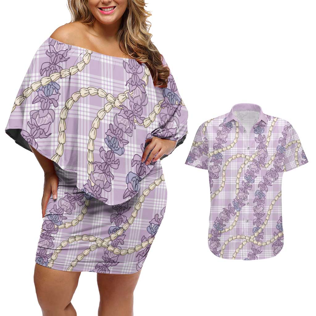 Pua Kalaunu Lei Couples Matching Off Shoulder Short Dress and Hawaiian Shirt Palaka Pattern LT01 Purple - Polynesian Pride