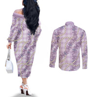 Pua Kalaunu Lei Couples Matching Off The Shoulder Long Sleeve Dress and Long Sleeve Button Shirt Palaka Pattern LT01 - Polynesian Pride