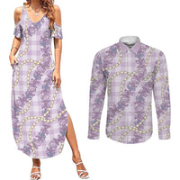 Pua Kalaunu Lei Couples Matching Summer Maxi Dress and Long Sleeve Button Shirt Palaka Pattern LT01 Purple - Polynesian Pride