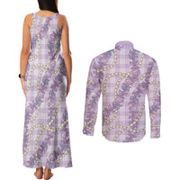 Pua Kalaunu Lei Couples Matching Tank Maxi Dress and Long Sleeve Button Shirt Palaka Pattern LT01 - Polynesian Pride