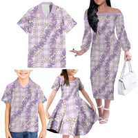 Pua Kalaunu Lei Family Matching Off The Shoulder Long Sleeve Dress and Hawaiian Shirt Palaka Pattern