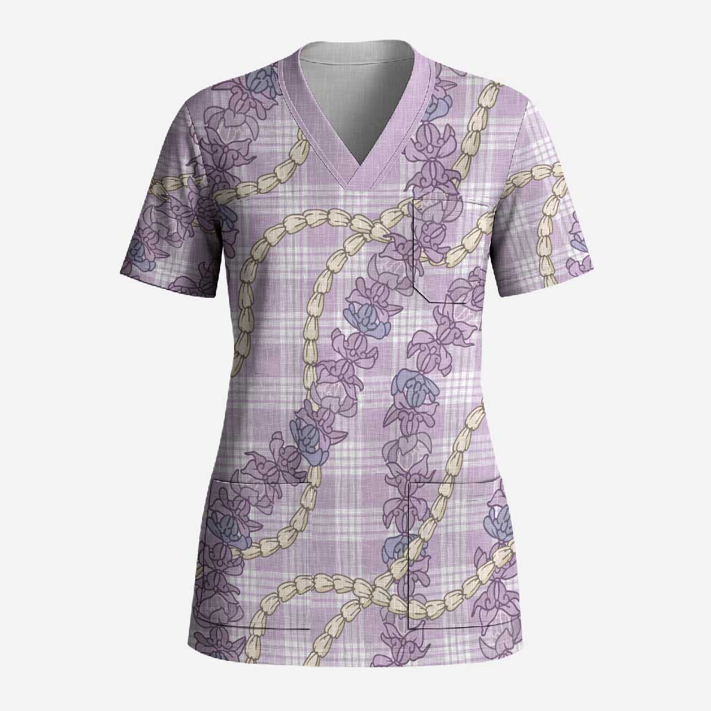 Pua Kalaunu Lei Scrub Top Palaka Pattern LT01 Adult Purple - Polynesian Pride