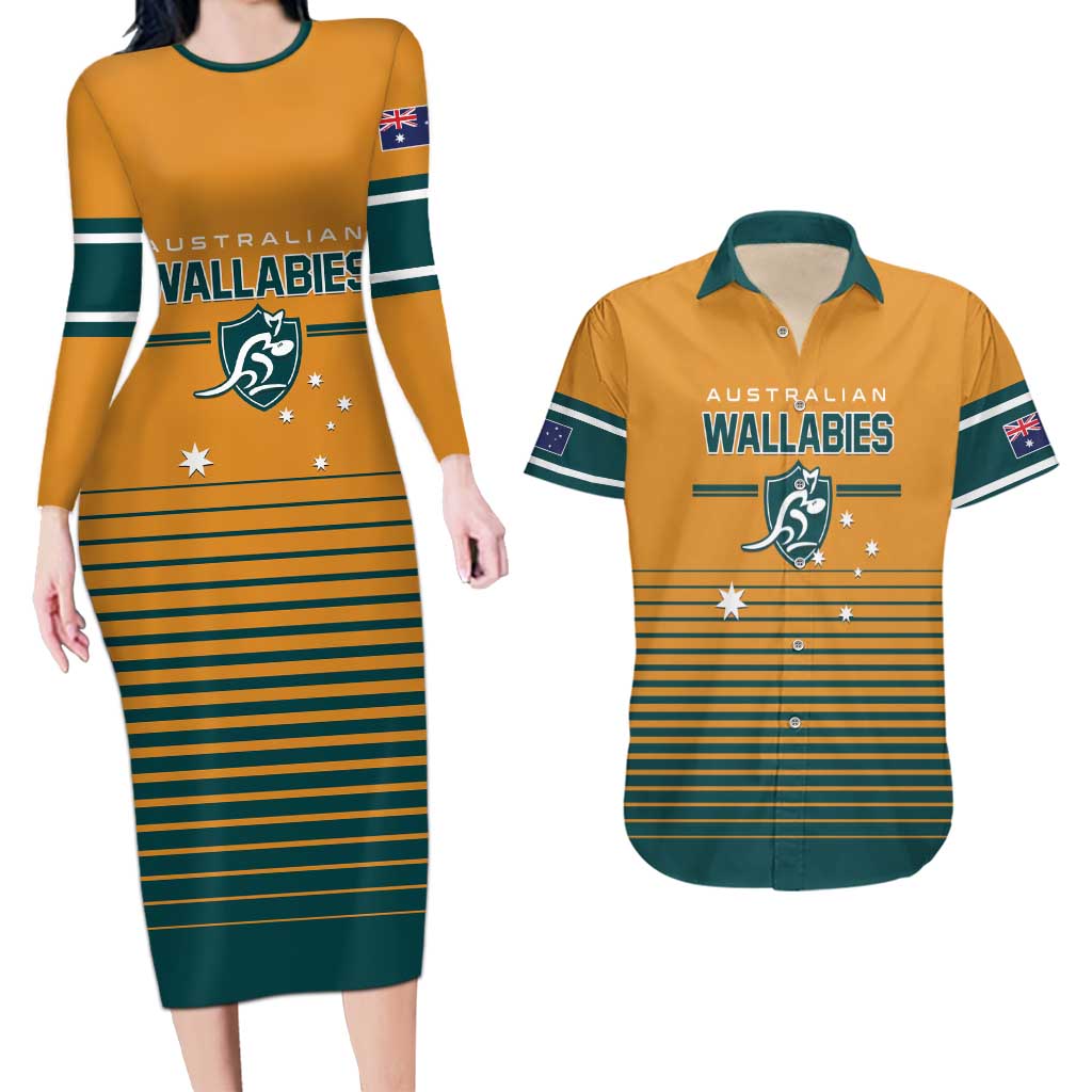 Custom Rugby Australia Couples Matching Long Sleeve Bodycon Dress and Hawaiian Shirt Junior Wallabies Go Champions LT01 Yellow - Polynesian Pride