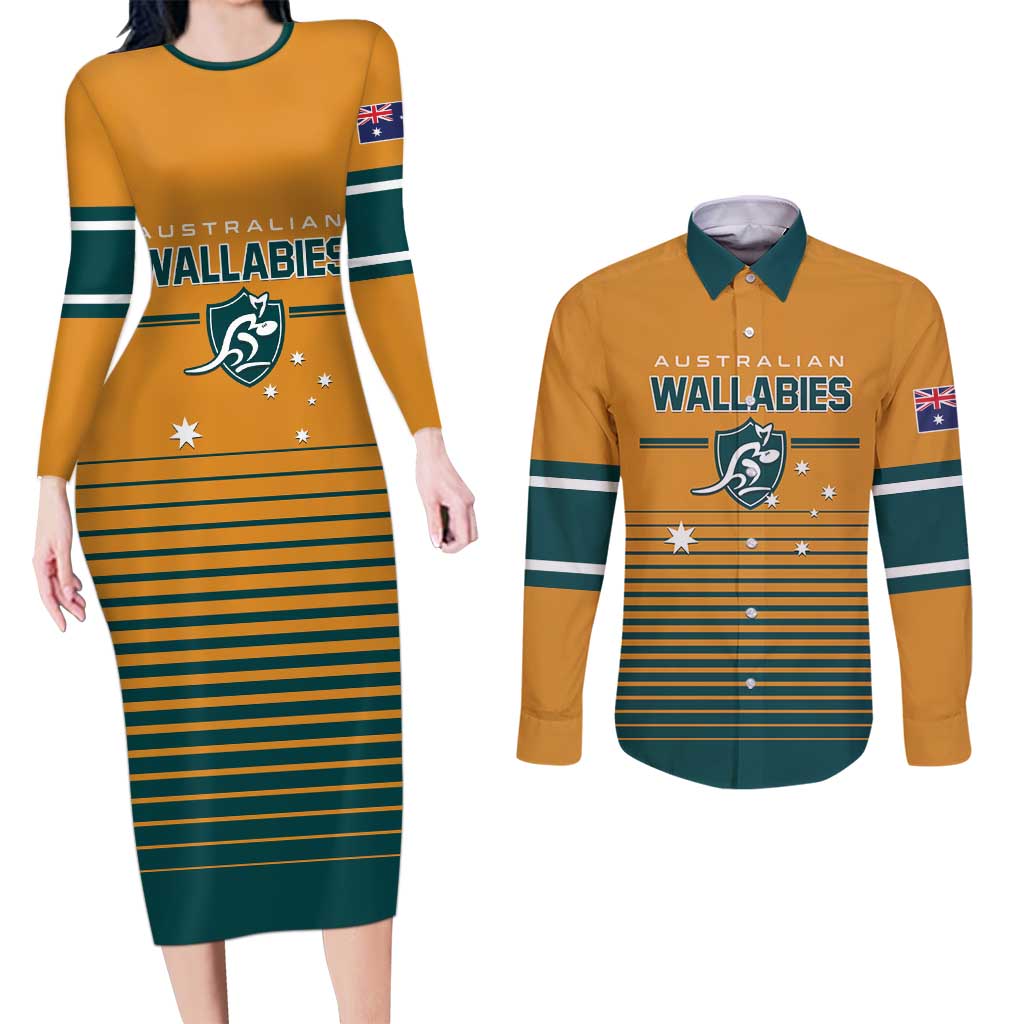 Custom Rugby Australia Couples Matching Long Sleeve Bodycon Dress and Long Sleeve Button Shirt Junior Wallabies Go Champions LT01 Yellow - Polynesian Pride