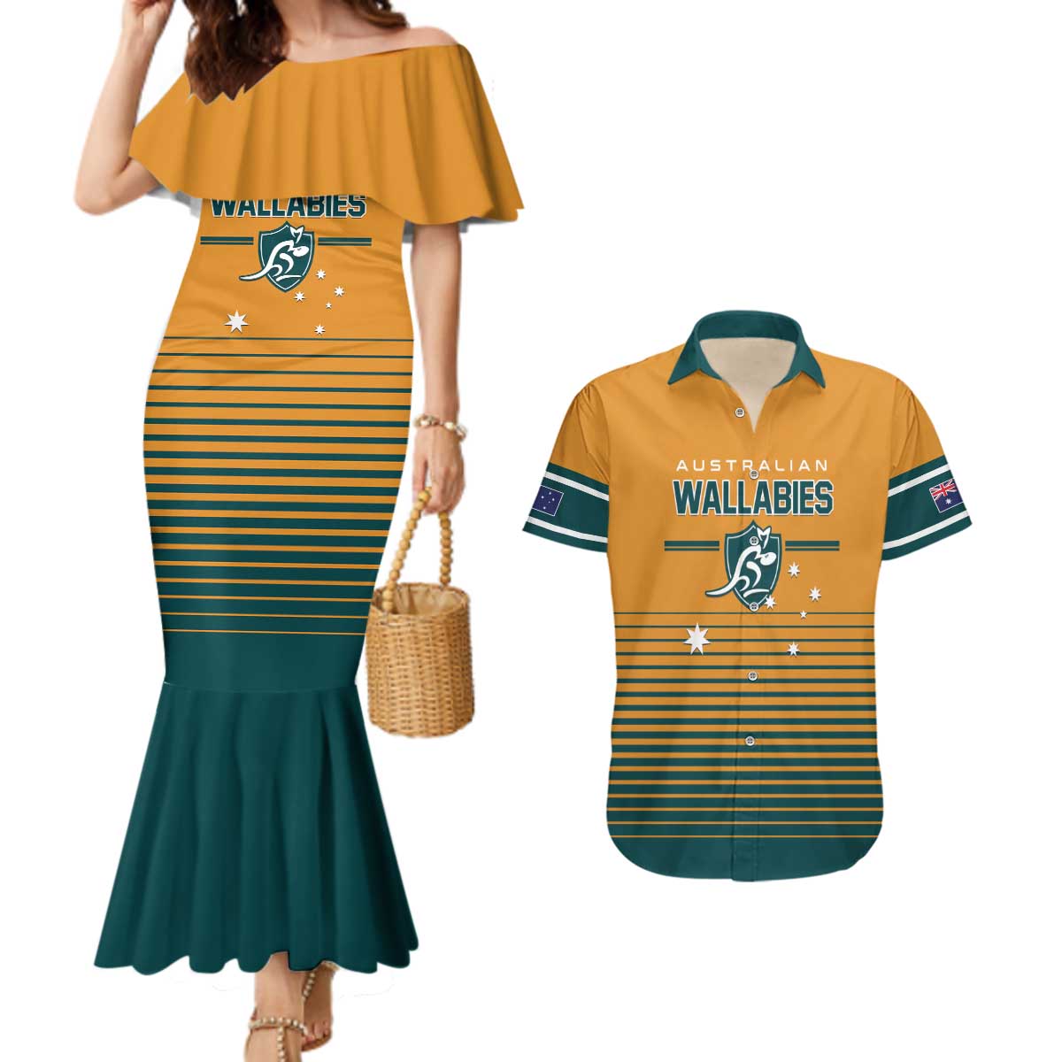 Custom Rugby Australia Couples Matching Mermaid Dress and Hawaiian Shirt Junior Wallabies Go Champions LT01 Yellow - Polynesian Pride