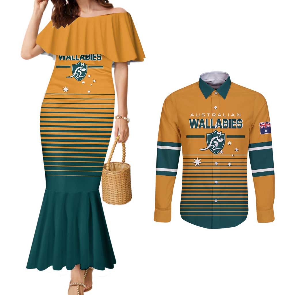 Custom Rugby Australia Couples Matching Mermaid Dress and Long Sleeve Button Shirt Junior Wallabies Go Champions LT01 Yellow - Polynesian Pride
