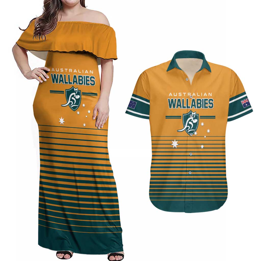 Custom Rugby Australia Couples Matching Off Shoulder Maxi Dress and Hawaiian Shirt Junior Wallabies Go Champions LT01 Yellow - Polynesian Pride