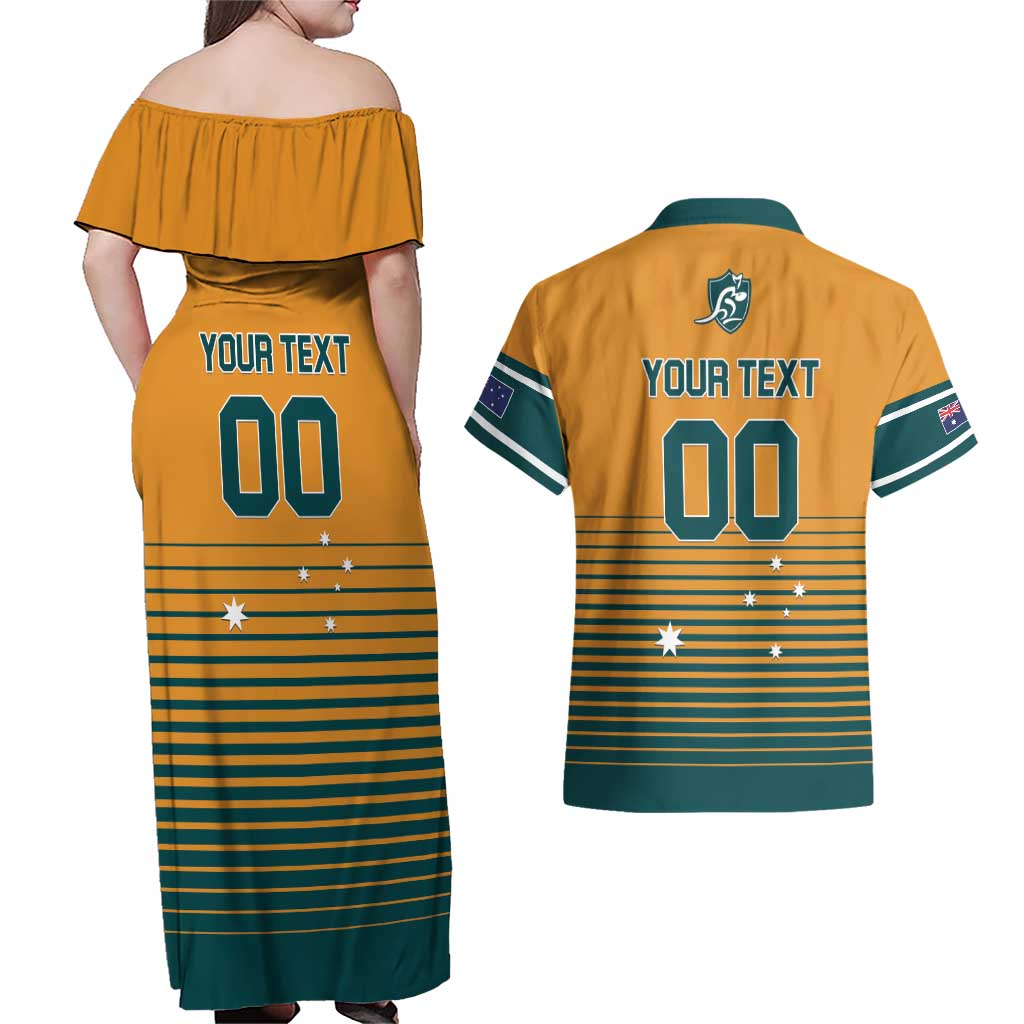 Custom Rugby Australia Couples Matching Off Shoulder Maxi Dress and Hawaiian Shirt Junior Wallabies Go Champions