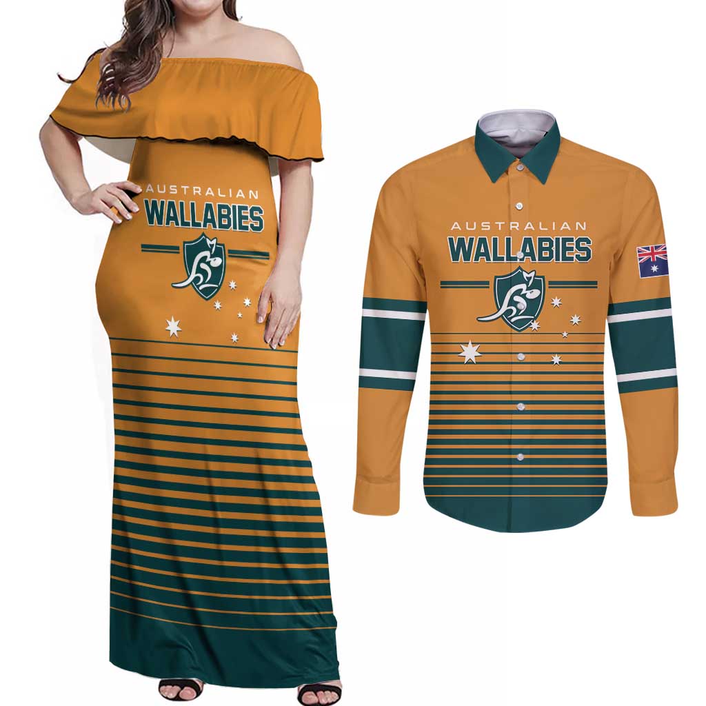 Custom Rugby Australia Couples Matching Off Shoulder Maxi Dress and Long Sleeve Button Shirt Junior Wallabies Go Champions LT01 Yellow - Polynesian Pride