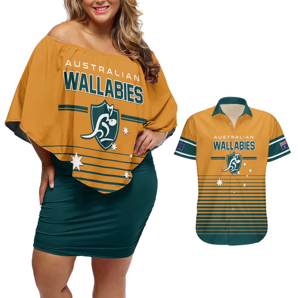 Custom Rugby Australia Couples Matching Off Shoulder Short Dress and Hawaiian Shirt Junior Wallabies Go Champions LT01 Yellow - Polynesian Pride