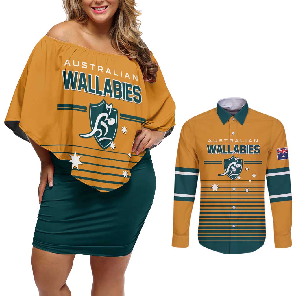 Custom Rugby Australia Couples Matching Off Shoulder Short Dress and Long Sleeve Button Shirt Junior Wallabies Go Champions LT01 Yellow - Polynesian Pride