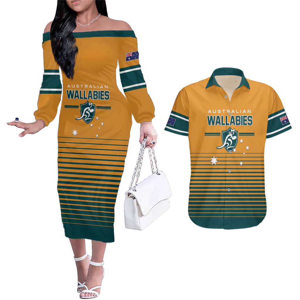 Custom Rugby Australia Couples Matching Off The Shoulder Long Sleeve Dress and Hawaiian Shirt Junior Wallabies Go Champions LT01 Yellow - Polynesian Pride
