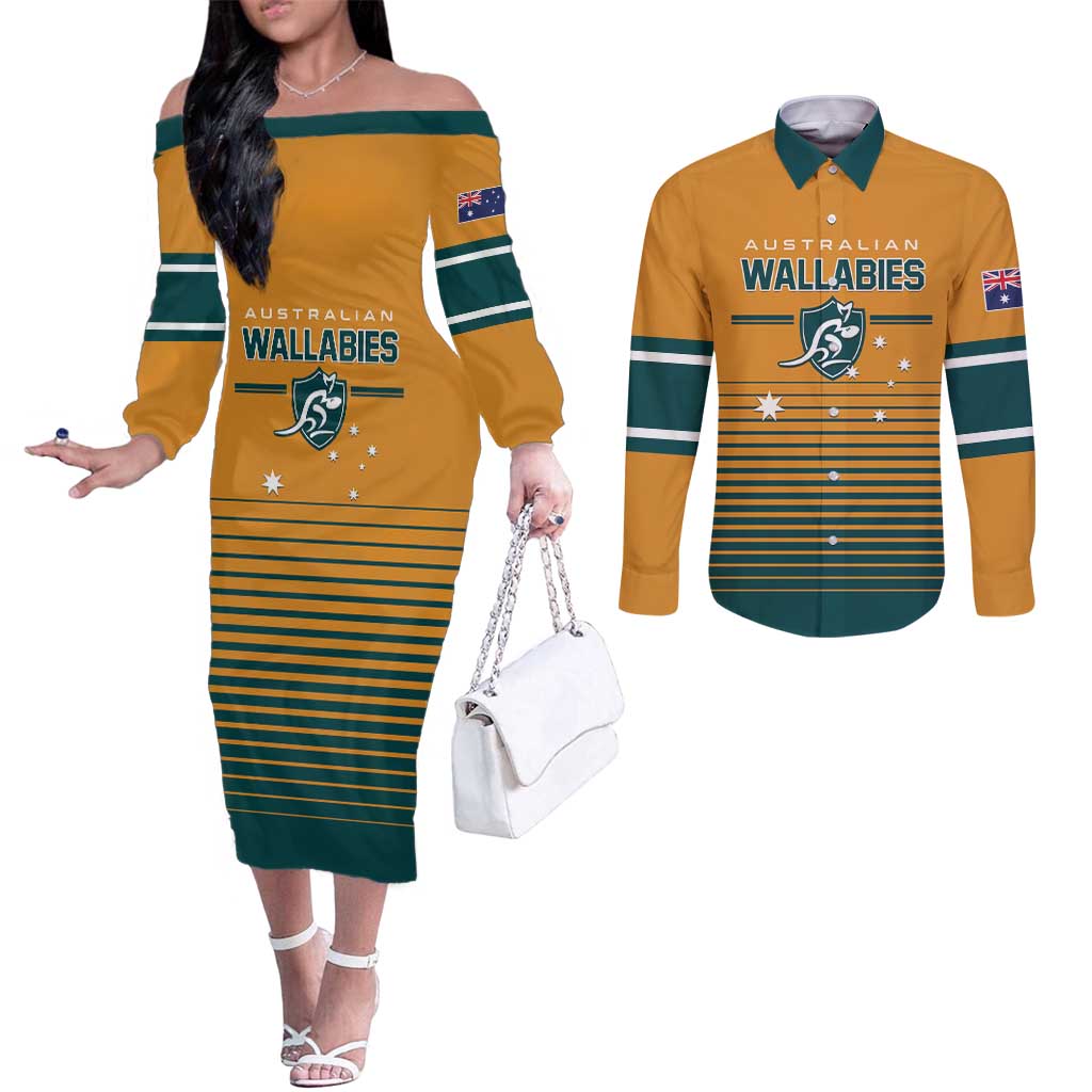 Custom Rugby Australia Couples Matching Off The Shoulder Long Sleeve Dress and Long Sleeve Button Shirt Junior Wallabies Go Champions LT01 Yellow - Polynesian Pride