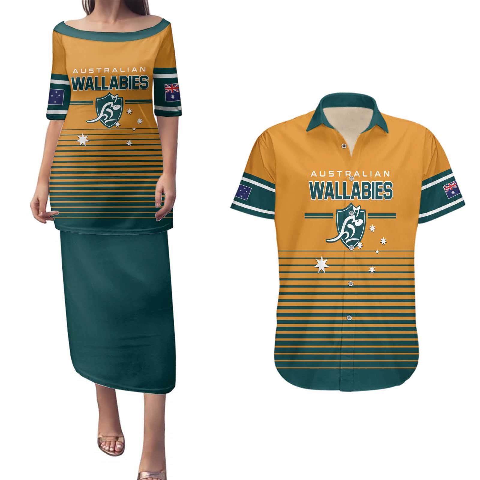 Custom Rugby Australia Couples Matching Puletasi and Hawaiian Shirt Junior Wallabies Go Champions LT01 Yellow - Polynesian Pride