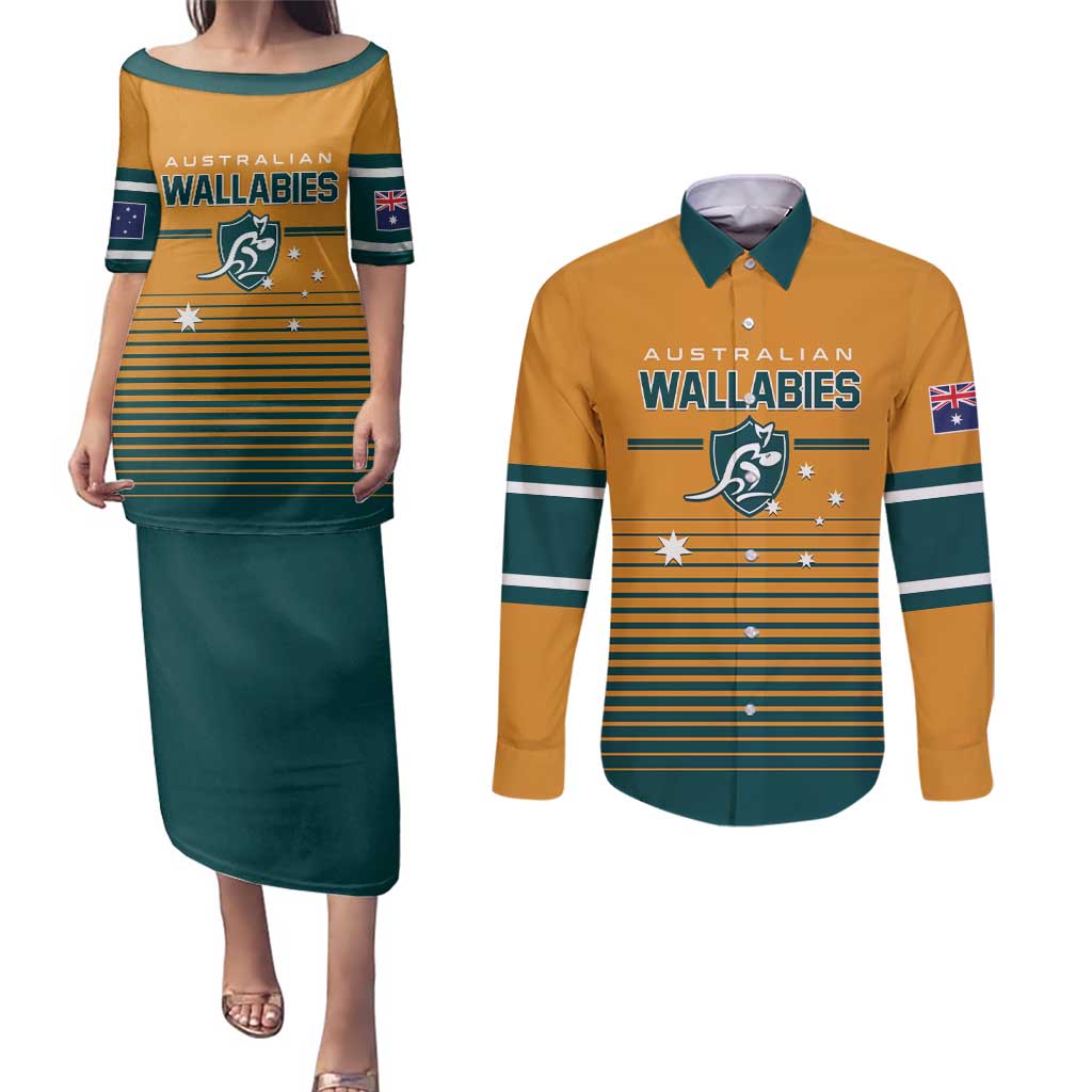 Custom Rugby Australia Couples Matching Puletasi and Long Sleeve Button Shirt Junior Wallabies Go Champions LT01 Yellow - Polynesian Pride