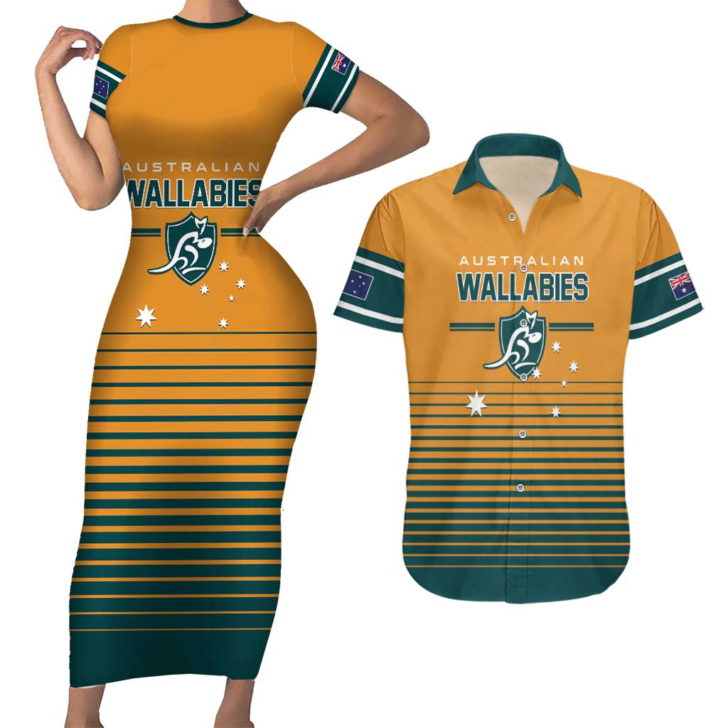 Custom Rugby Australia Couples Matching Short Sleeve Bodycon Dress and Hawaiian Shirt Junior Wallabies Go Champions LT01 Yellow - Polynesian Pride